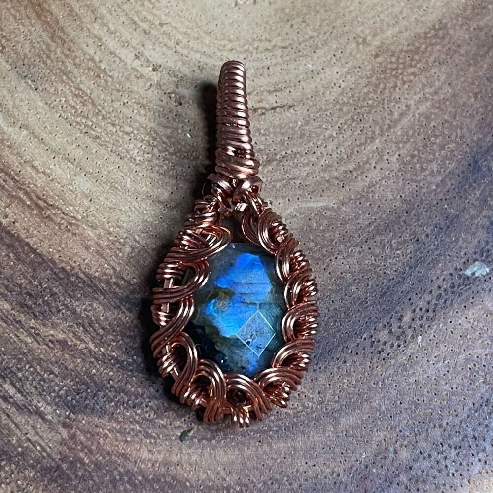 Hand crafted labradorite flashy reversible pendant wire wrapping Crystal healing